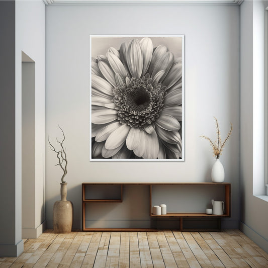 Imagen artística de un aster en blanco y negro, con detalles precisos que resaltan la densidad de sus pétalos y el núcleo vibrante, ideal para decoración contemporánea.