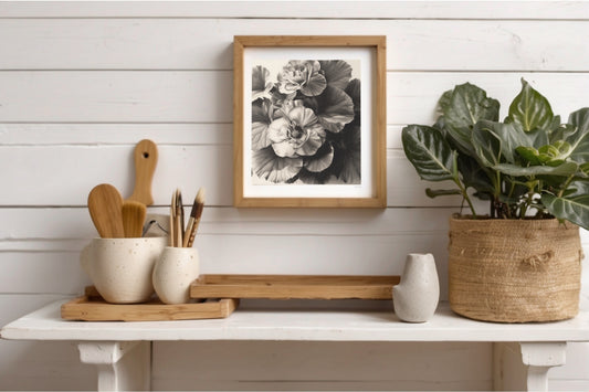 Ilustración digital detallada de begonias en blanco y negro, con énfasis en la textura y la luz, ideal para un estilo de decoración elegante y minimalista.