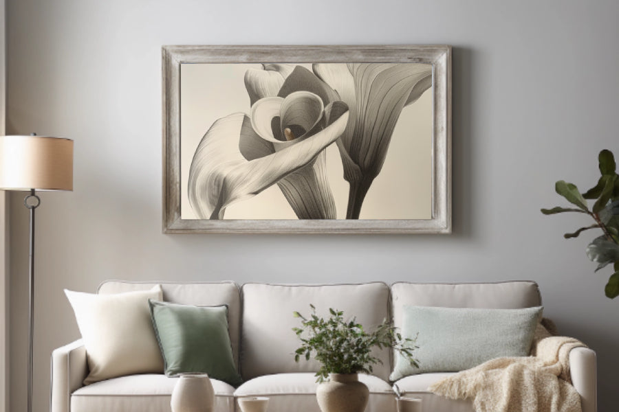 Ilustración artística de una cala en blanco y negro, destacando su forma elegante y detalles realistas, ideal para interiores contemporáneos y minimalistas.