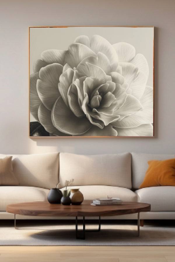 Ilustración digital en blanco y negro de una camelia, con atención al detalle en la textura de los pétalos y las hojas, perfecta para interiores que buscan elegancia y simplicidad.