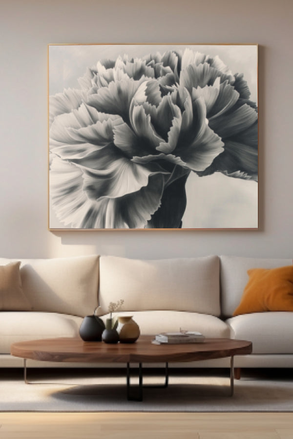 Ilustración digital del clavel en blanco y negro con énfasis en la estructura detallada de los pétalos y textura, ideal para un interiorismo elegante y contemporáneo.