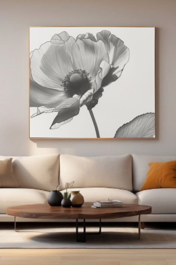 Imagen detallada de una flor de cosmos en blanco y negro, destacando la suavidad de los pétalos y la belleza única del patrón central, ideal para decoraciones modernas y minimalistas.