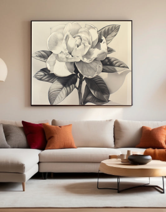 Ilustración detallada de una gardenia en blanco y negro, mostrando la elegancia de sus pétalos y la profundidad de su forma natural, ideal para un diseño interior contemporáneo y sereno.