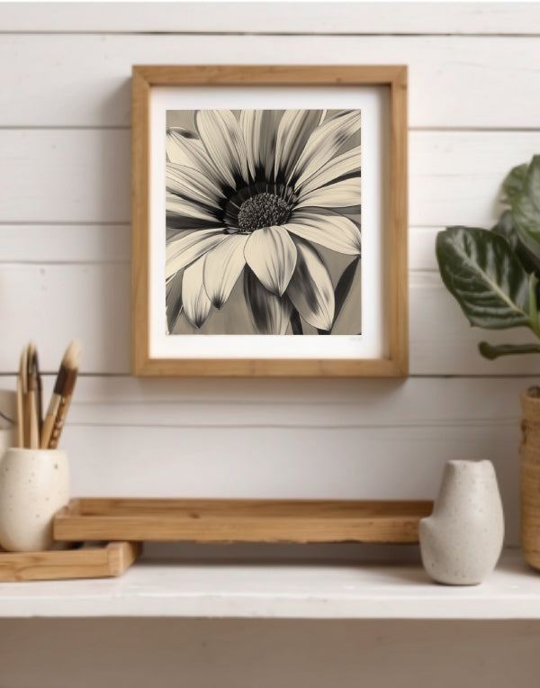 Imagen detallada de una gazania en blanco y negro, destacando su diseño y estructura, ideal para un ambiente contemporáneo y lleno de vida.