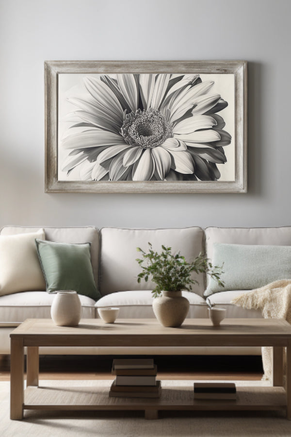 Gerbera en una representación en blanco y negro, donde los detalles de sus pétalos grandes y el núcleo distintivo se ven realzados por el contraste dramático, ideal para un interiorismo moderno y con estilo.