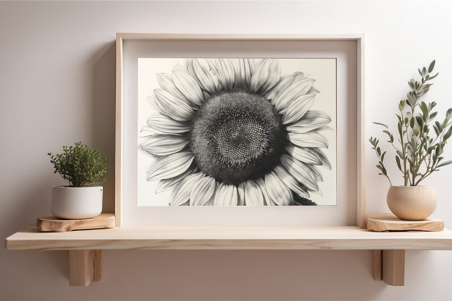 Ilustración detallada de un girasol en blanco y negro, resaltando la estructura de sus pétalos y el patrón distintivo de su centro, ideal para un diseño interior elegante y natural.