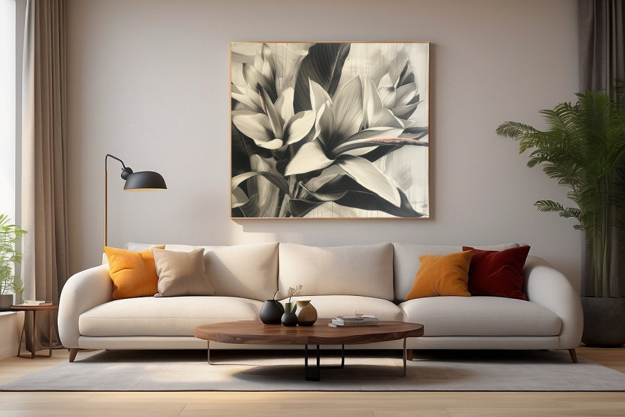 Ilustración en blanco y negro de una heliconia con un fuerte contraste de claroscuro, resaltando la arquitectura natural y la elegancia de sus hojas, ideal para interiores modernos con un toque de naturaleza.