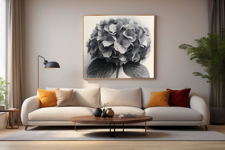 Ilustración meticulosa de una hortensia en tonos de gris, mostrando la suave transición de sombras en los pétalos y hojas, perfecta para añadir un toque de clase y naturaleza a cualquier ambiente