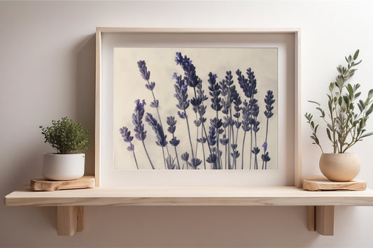 Ilustración estilizada de lavanda en una paleta de grises y toques de púrpura, que captura la belleza y la delicadeza de sus flores, ideal para crear un ambiente relajante y moderno en el hogar o la oficina.