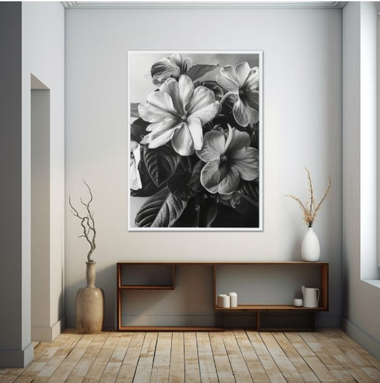 Ilustración en blanco y negro de una balsamina, enfatizando la suavidad de sus flores y la delicadeza de su forma, ideal para una decoración interior serena y natural.