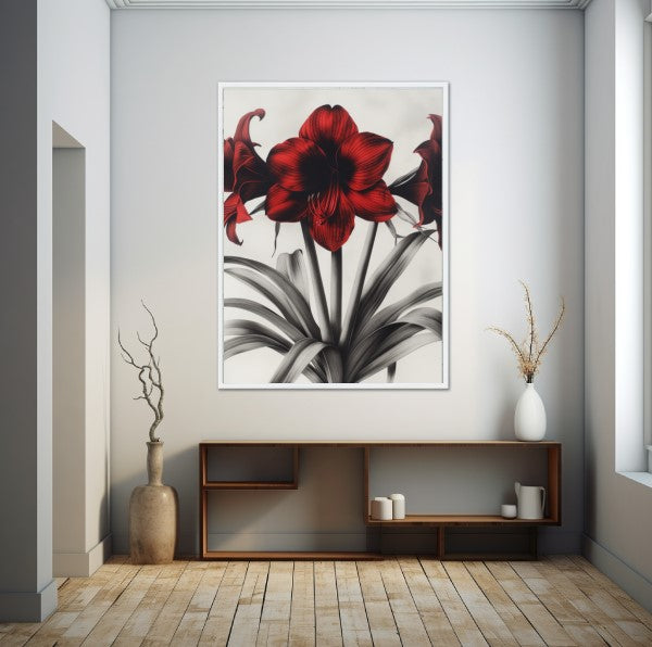 Obra artística 'Esplendor Floral al Carboncillo' que presenta amarilis rojas con detalles en negro sobre fondo en escala de grises, destacando el contraste dinámico y la viveza de las flores contra la suavidad de las hojas y tallos.